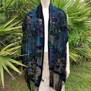 NWOT Irridescent Vibrant Colorful Floral Sheer Scarf/Wrap with Fringed Edging